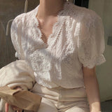 Ladies Lace Border Shirt Fashion Women Hollow Out White Blouse Simple Casual V-Neck Short Sleeve Blouses and