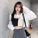 Solid Color Street Sweatshirt Casual Hoodie Cropped Top Women's O-Neck Pullover Long Sleeve Irregular Short Loose