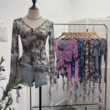 Dizziness Printing Mesh T-Shirt T-Shirt Irregular Lotus Leaf Side Ribbon Short Coat