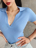 Top Female Polo Shirts Summer Short Sleeve T-shirt Women's Vintage Clothes Ribbed Solid Slim Knit Top Cropped