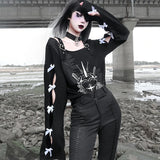 Black Gothic Hoodie Streetwear Women Harajuku Anime Long Sleeve Hollow Out Bow Sweatshirt Autumn Thin Pullovers