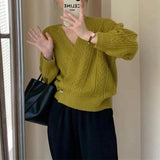 Zingj Wind V-Neck Oblique Buckle Twist Knitting Cardigan Female 2024 Autumn Winter New Lazy Wind Sweater Female Coat-Outfit