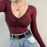 French Solid Color Autumn Winter Bottom V-neck Low Chest Sexy Hot Tight Long Sleeve Women Fold Bow T-Shirt Top