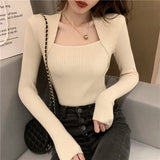Fashion Women Knit Sweater Long sleeve heart-neck Casual Woman Slim-fit Tight Knitted sweaters Pullover Tops Female