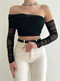 Mesh Sheer See Through T-shirts Crop Tops for Women Off Shoulder Ruched Long Sleeve Tees Shirts Summer Streetwear