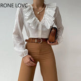 Women Chic Solid Long Sleeves Ruffle Hem Deep V Neck Button White Working Blouse