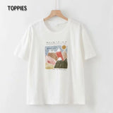 Summer Short Sleee White Cotton Tops Cartoon Printing Shirts Korean Fashion Summer Women