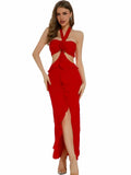 Red Flower Ruffles Halter Maxi Dress-Outfit