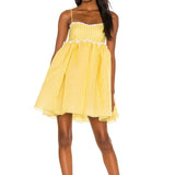 Yellow Plaid Puff Babydoll Mini Dress-Outfit
