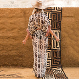 Bohemian Retro Printing Dress Batwing Sleeve Plus Size Long Kimono Dress Sashes Tunic Women Summer Beach Dress
