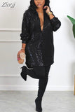 Spring Women Sequins Dress Ladies Casual Slim Office Retro Elegant Turn-down Collar High Waist Long Sleeve Party