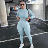 women spring autumn long sleeve soild colorcrop tops long pant tracksuit two piece clothes suit outfits matching