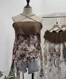 Real Shot Shoulder Cross Hanging Neck Knitting Mesh Yarn Coat Irregular Ribbon Horn Long-Sleeved T-Shirt