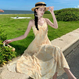 Zingj Summer Vacation Gentle Yellow Tune Dyed Flowers With Neck Flounce Print Skirt Beach