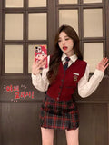 Preppy Style Suit Women's Autumn Red Knitted Cardigan Tank Top Long-sleeve Shirt Plaid Mini Skirt Fashion Three-piece