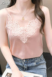 Korean Fashion Silk Women Camis Streetwear Satin Sexy Tops Lace Sleeveless White Female Tank Tops Blouse OL Woman