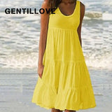 Casual Sleeveless O Neck Ruffles Mini Dress Elegant Solid Beach Dress Oversized Loose Dress 2021 Summer