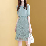 Chiffon Patchwork Fashion Chic Dress Short Sleeve Fake Two Piece Lace Dress Elegant Hollow Out Sweet Vestidos De