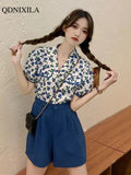 Summer Small Cute Sweet Floral Women's Shorts Sets Fashion Loose Bubble Short Puff Sleeve Shirt+wide Leg Shorts 2-piece