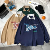 New Button Polo Collar Oversized Long Sleeve Women Hoodie Casual Harajuku Vintage Letter Print Sweatshirt Chic