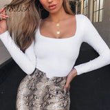 Suqare Neck Casual Long Sleeve T Shirt Women Sexy Top Black White Autumn Spring Summer Red Tee Basic Ladies Shirt