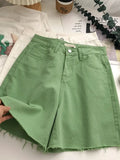 New Summer Green Denim Shorts Women Fashion High Waist Wide Leg Shorts Lady Casual Straight Solid Color Jeans