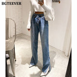 Casual Asymmetric High Waist Straight Jeans for Women Side Split Denim Blue Jeans Trousers Female Long Pantalon