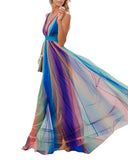 Sexy Suspenders Deep Rainbow Blue Stripes Print Mesh Camisole Chiffon