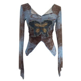 Real Shooting Pure Sexful V-Neck Umbilly T-Shirt Female Hairy Denim Butterfly Embroidered Mesh Yarn Long Sleeve Top