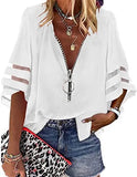 New V-Neck Zipper Shirt Half-Horn Sleeve Grid Spliced Loose Casual Shirt For
