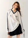 Stripe Bow Oversized V-neck Black Jersey Long Sleeve Top- Outfit