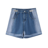 Shorts Jeans Blue Gradient Flanging High Waist Adjustable Vintage Casual Baggy Straight Denim Hot Pants Ladies