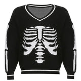 Skull Print V Neck Oversized Sweater Harajuku Casual Loose Knitted Top Pullovers Korean Punk Ladies Jumper