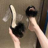 New Summer Sexy High-Heesed Slippers Women's Korean Version Of Rough And Feather Slippers Transparent Belt