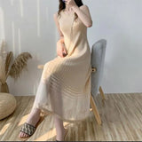 Women's Elegant Fashion Ice Silk Mesh Patchwork Knitted Long Dresses Ladies Sleeveless Temperament Slim Robe Casual