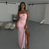 Strapless Pink Tie Up Mesh Midi Dress-Outfit