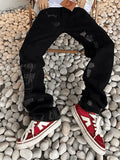 Men's Stitch Detail Distressed Black Loose Jeans-Outfit