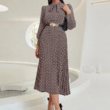Spring Summer Women Clothing Boho Allover Geometric Print Long Sleeve Stand Collar Bust Tie (Without Belt) Long
