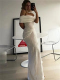 Knit Off-Shoulder Pleated Wrap Maxi Dress- Outfit