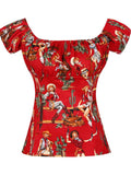Harajuku 50s Women Blouse Western Gril Print Vintage Short Tops Puff Sleeve Retro Shirts Slim Fit Red Party Summer