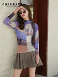 80s Clothes Vintage Long Sleeve Mesh Top Turtleneck T Shirt Women See Through Print Tshirt Graphic Tee Designer