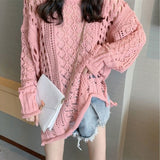 Zingj And Autumn 2024 New Long-Sleeved Jacket Loose Wearing Knit Female Lazy Wind Roll Edge Hollow Hole Sweater-Outfit