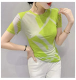 Fashion Printing Long-Sleeved Round Neck T-shirt Women Contrast Color Slim Double-Layer Mesh Tees