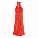 Orange Halter Satin Women Summer Dress 2021 Summer Texture Vintage Ruched Sleeveless Midi Dresses for