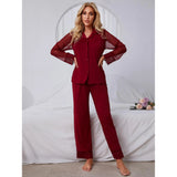 Zingj Wear Ladies Solid Color Lace Mesh Long Sleeve Trousers Pajamas Suit