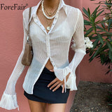 2022 Autumn Women Sexy T Shirts Vintage Fashion V Neck Button Y2k See Through White Casual Long Sleeve Top