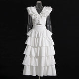 Holiday Wind Autumn 2025 New V Collar Fly Sleeve Flounce Stitching Cake Skirt Solid Color