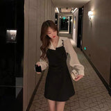 Women Long Sleeve Fake Two Piece Elegant Sailor Collar Female Office Sweet Sexy Mini Korean Girls Sundress Patchwork