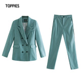 2021 spring blazer + pant two peice set women double breasted suit jacket high waist