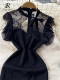 Lace Splice Hollow Out Dress French Style Summer Women Zipper O Neck Elegant Ladies Split A Line Solid